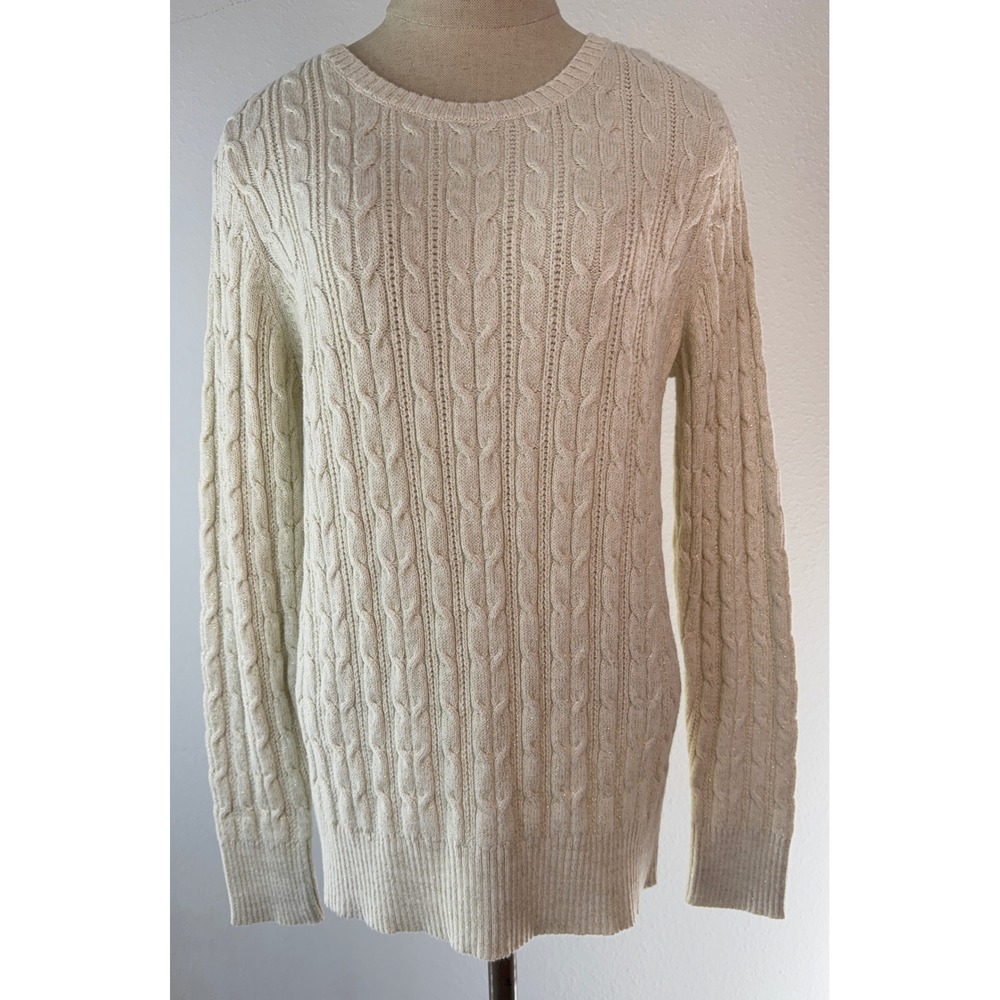 St Johns Bay Metallic Gold Cream Cable Knit Sweater Large Preppy Fisherman‎ Chic